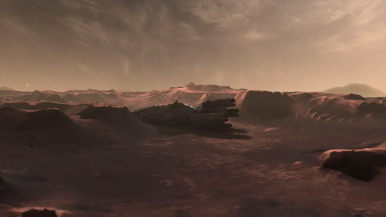 High quality cinematic 3D CGI render of a mars landscape scene flyover with the vast hulk of a crashed derelict spaceship dead and long abandoned on the valley floor in martian red color scheme