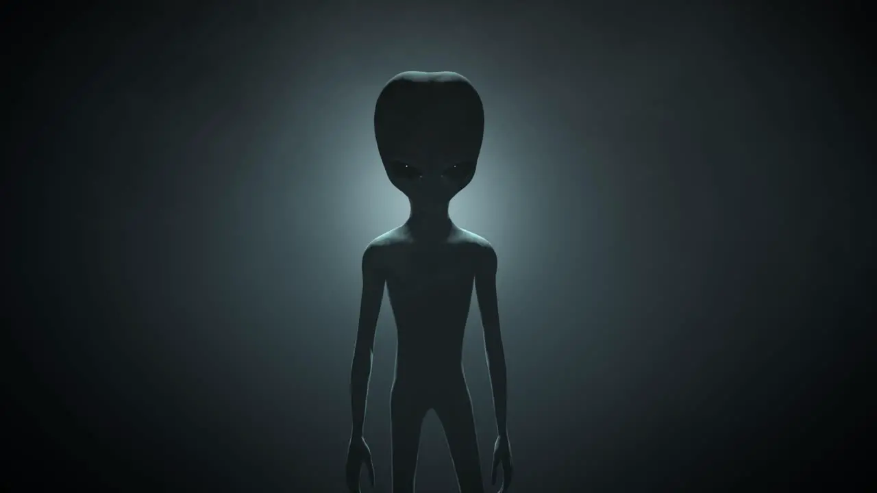 3D CGI VFX animation of a classic Roswell style grey alien on a dark backlit background standing and looking menacingly into the camera with a smokey atmospheric environment