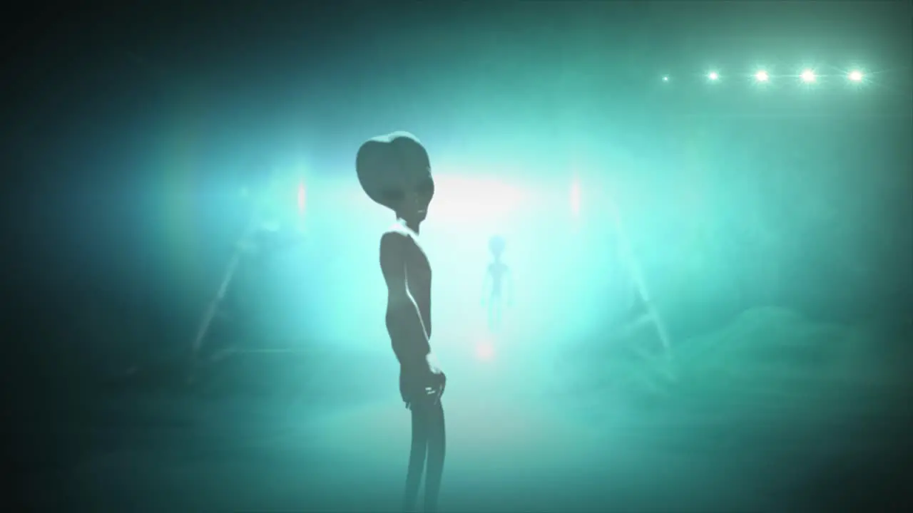 3D CGI VFX animation of a classic Roswell grey alien turning to look back in front of the glowing lights of a UFO fyling saucer with Teal Blue color tint