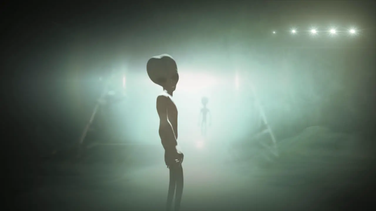 3D CGI VFX animation of a classic Roswell grey alien turning to look back in front of the glowing lights of a UFO fyling saucer with grey and sepia color tint