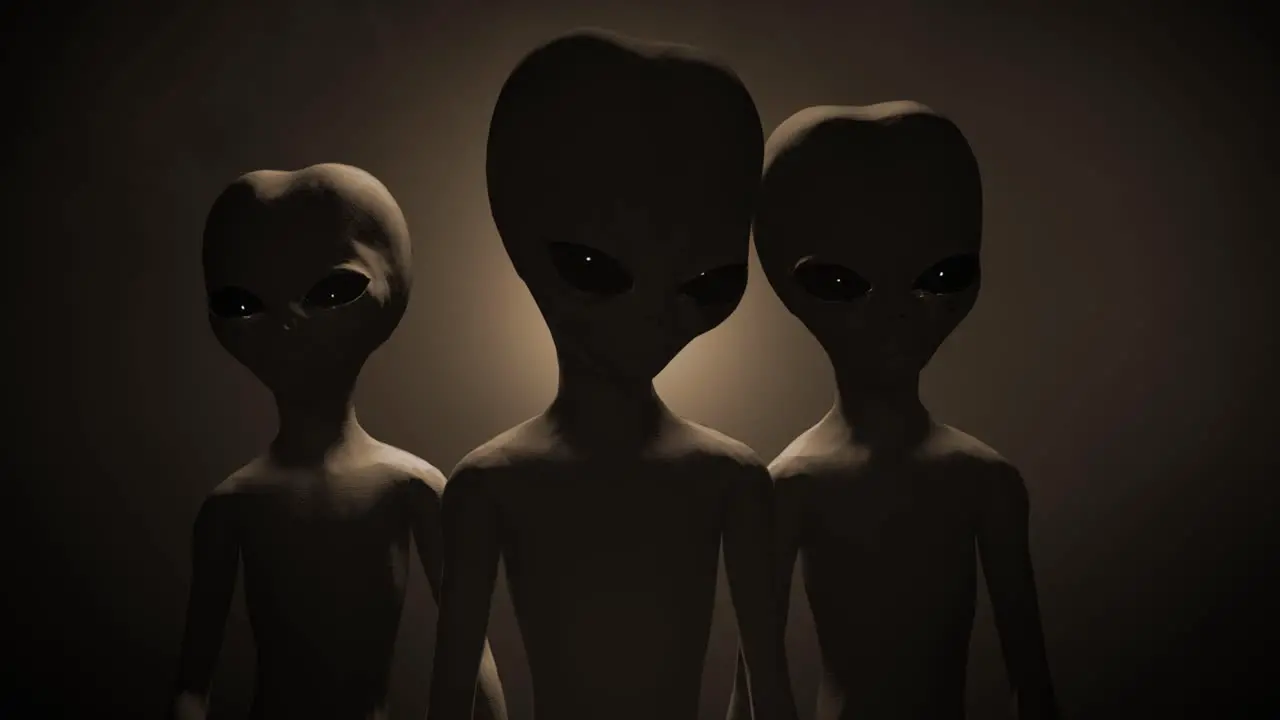 3D CGI VFX close-up of three classic Roswell style grey aliens on a sepia backlit background standing and looking menacingly into the camera with a smokey atmospheric environment