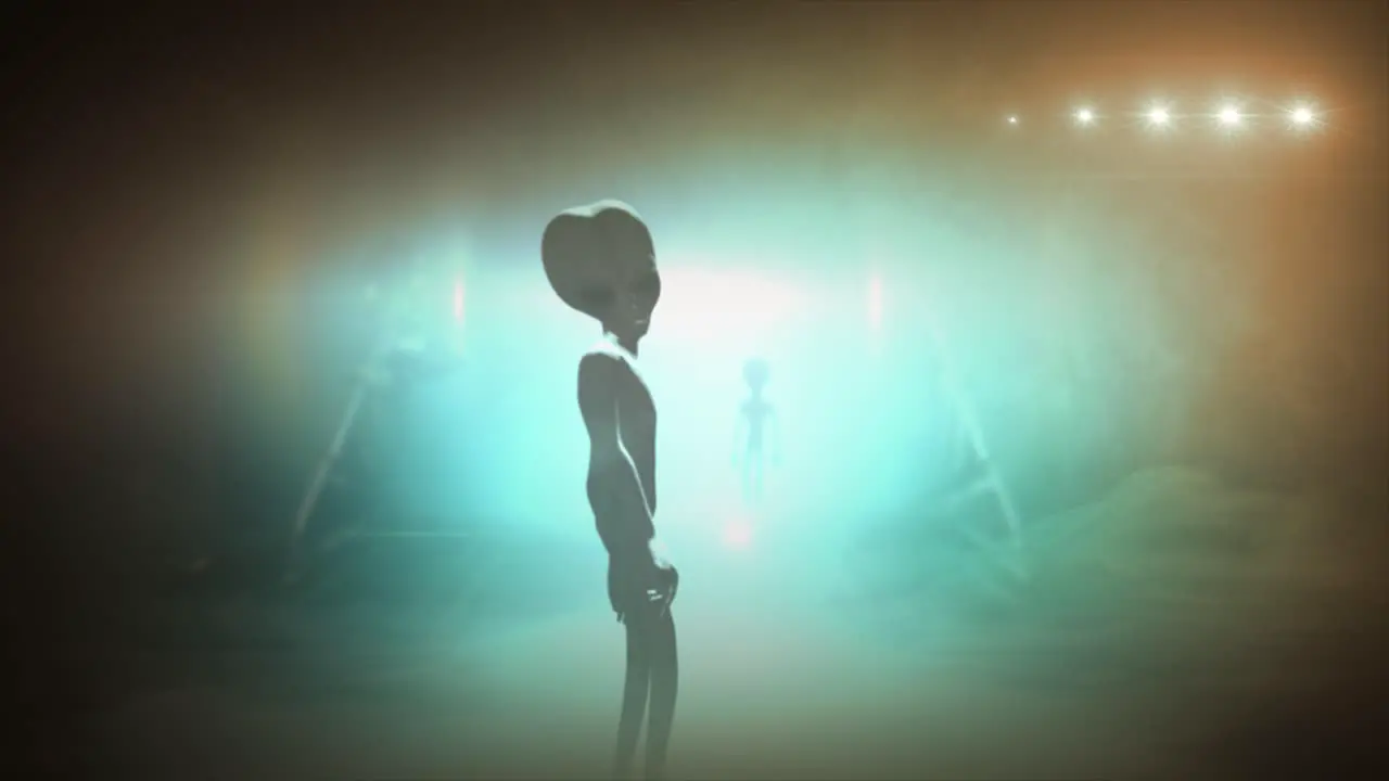 3D CGI VFX animation of a classic Roswell grey alien turning to look back in front of the glowing lights of a UFO fyling saucer with orange and teal color tint