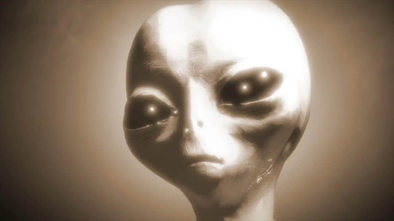 3D CGI VFX animation of a close up headshot of a classic Roswell style grey alien with glistening black eyes turning and looking around on smokey atmospheric sepia background