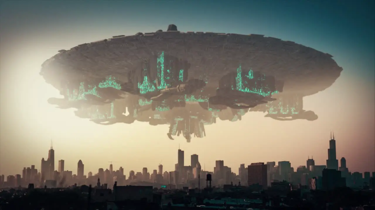 Stunning 3D CGI render of a vast alien UFO mothership hovering and rotating slowly and menacingly above a modern city in the glow of the setting sun