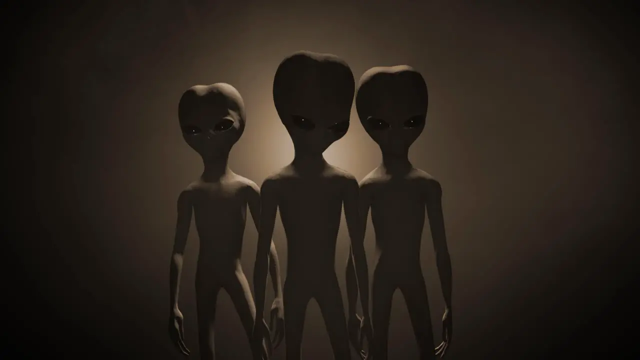 3D CGI VFX mid-shot of three classic Roswell style grey aliens on a sepia backlit background standing and looking menacingly into the camera with a smokey atmospheric environment