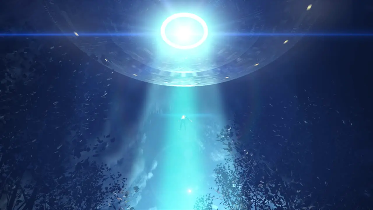 High quality realistic CGI animation of an alien abduction with unconcious man floating up a blue beam of light towards a huge rotating flying saucer spaceship