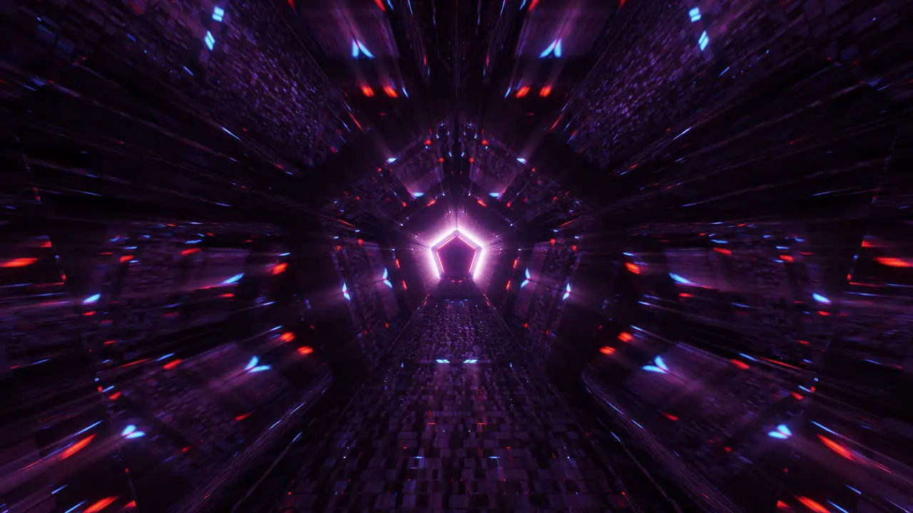 VJ Loop Flying Through a Glowing Red Blue and Purple Pentagonal Kaleidoscope Tunnel