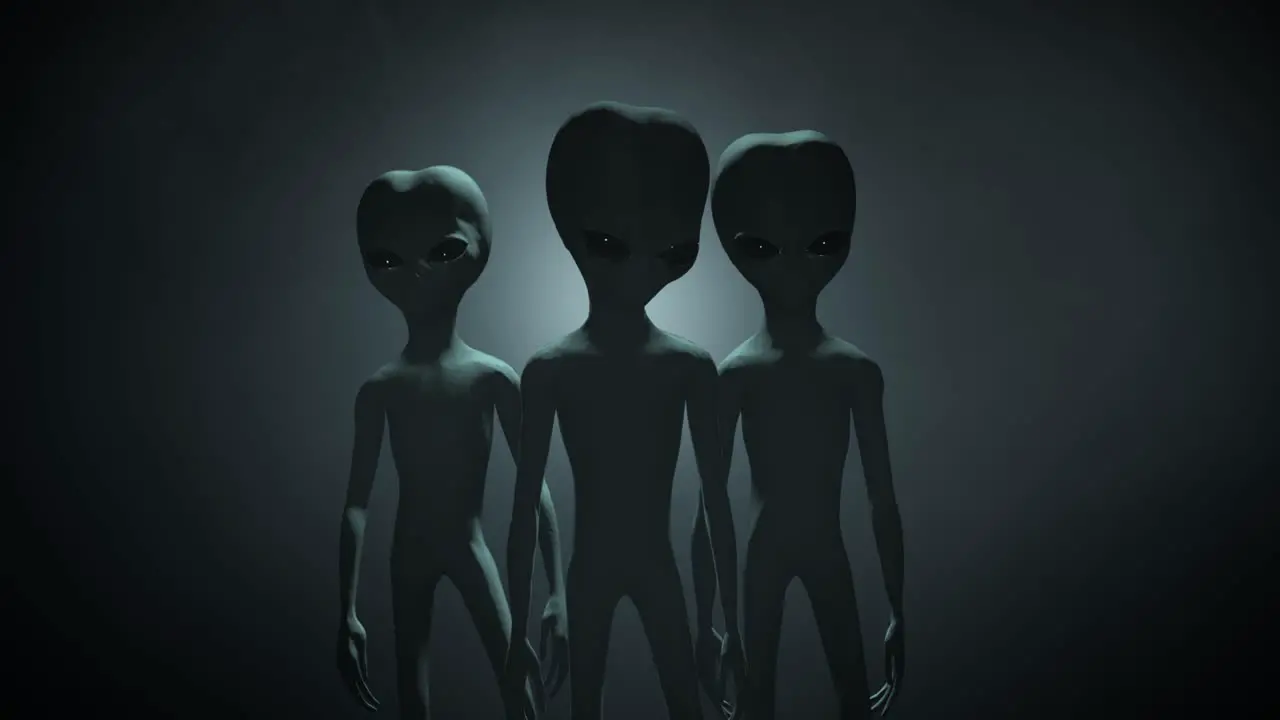 3D CGI VFX mid-shot of three classic Roswell style grey aliens on a dark backlit background standing and looking menacingly into the camera with a smokey atmospheric environment