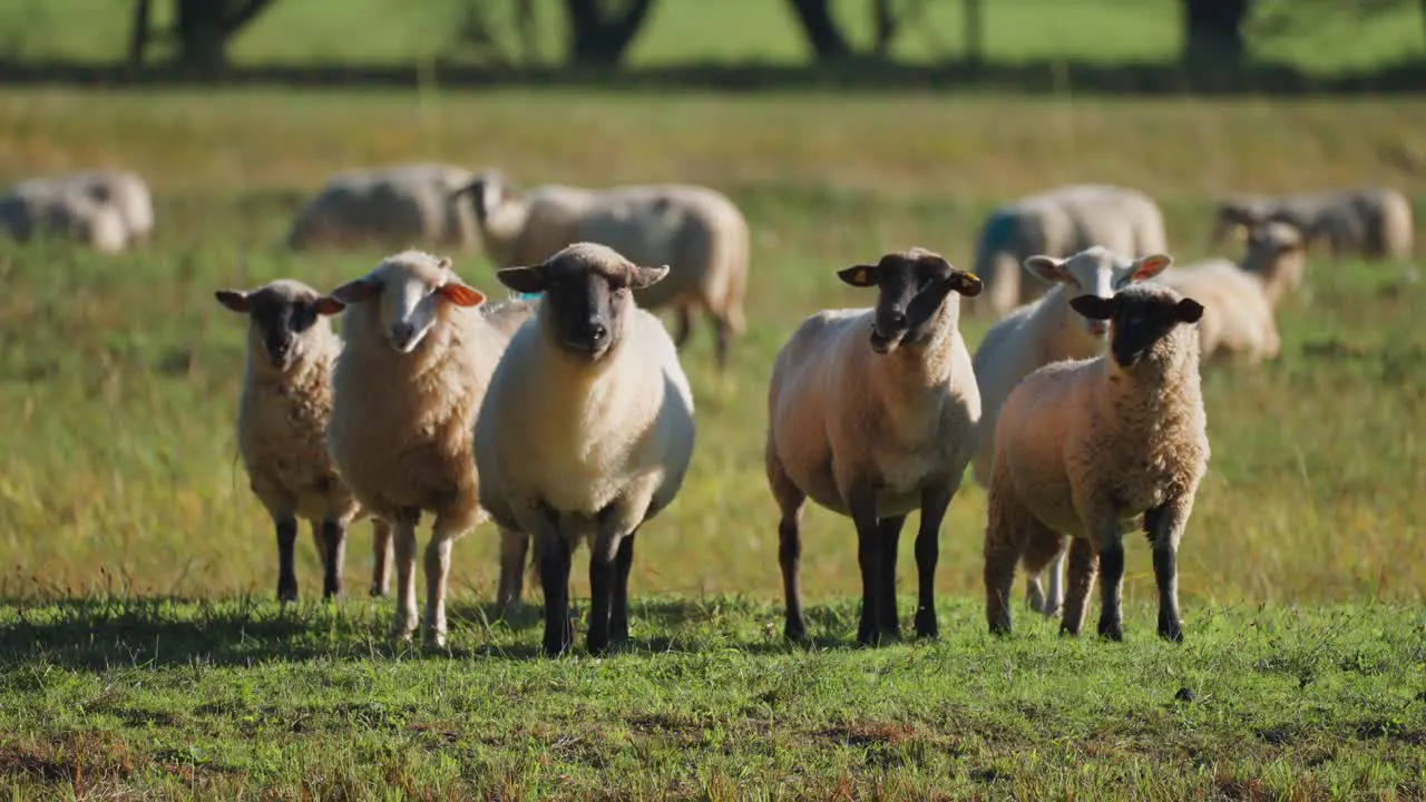 White wooly sheep with black heads grazing in the meadow curiously staring