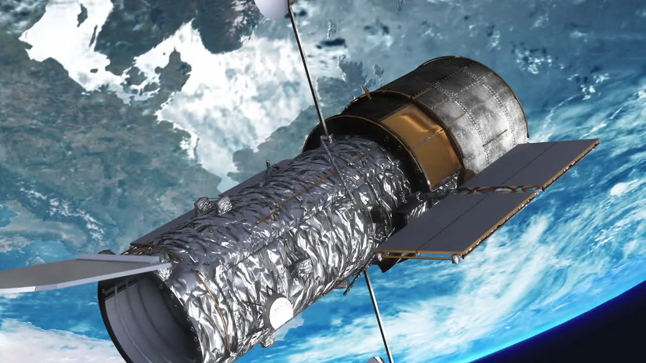 Hubble Space Telescope Moving Past Camera High Above Earth Atmosphere Revolving and Aligning to Take Pictures of Universe Highly Realistic 3D CGI Animation 4K