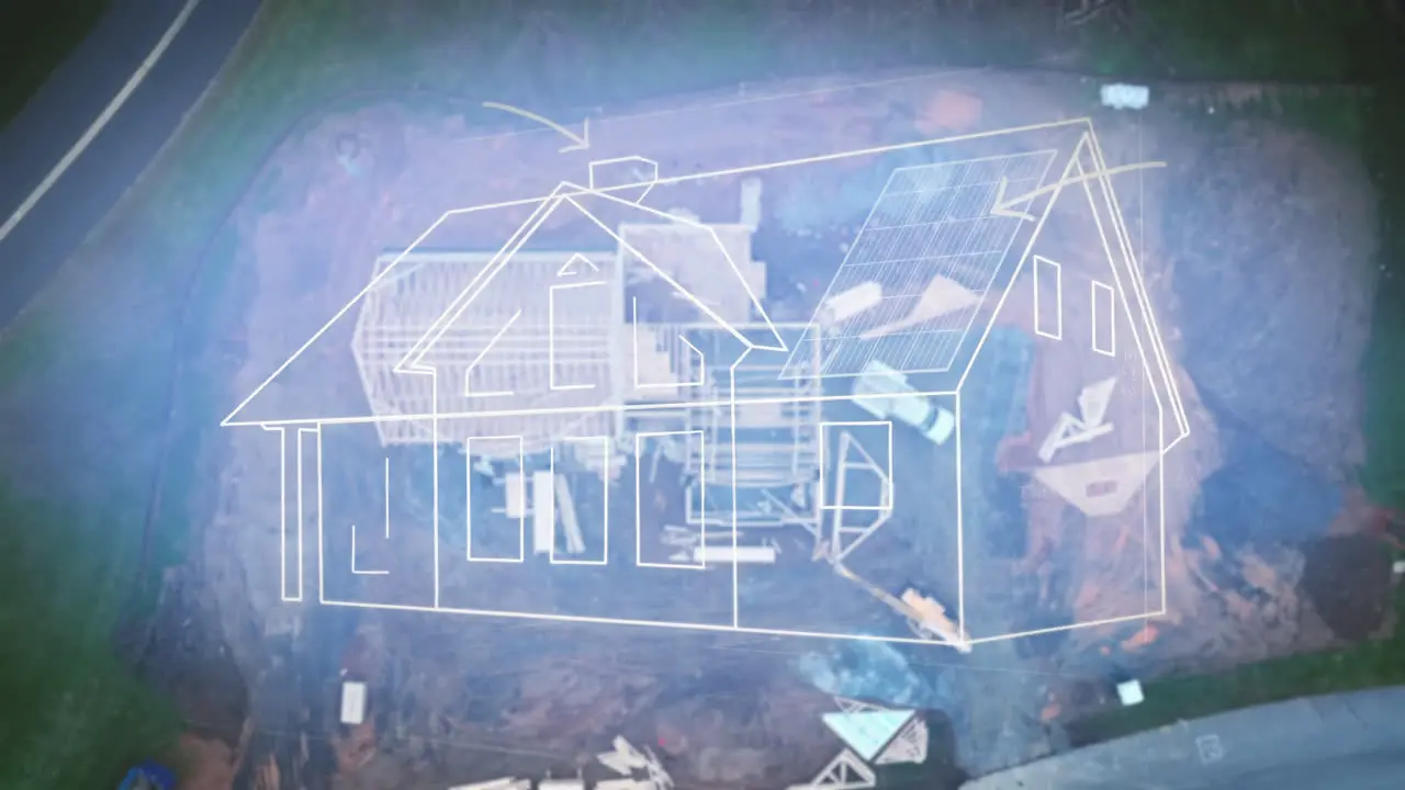 Animation of house blueprints overlay on top real home construction site in America