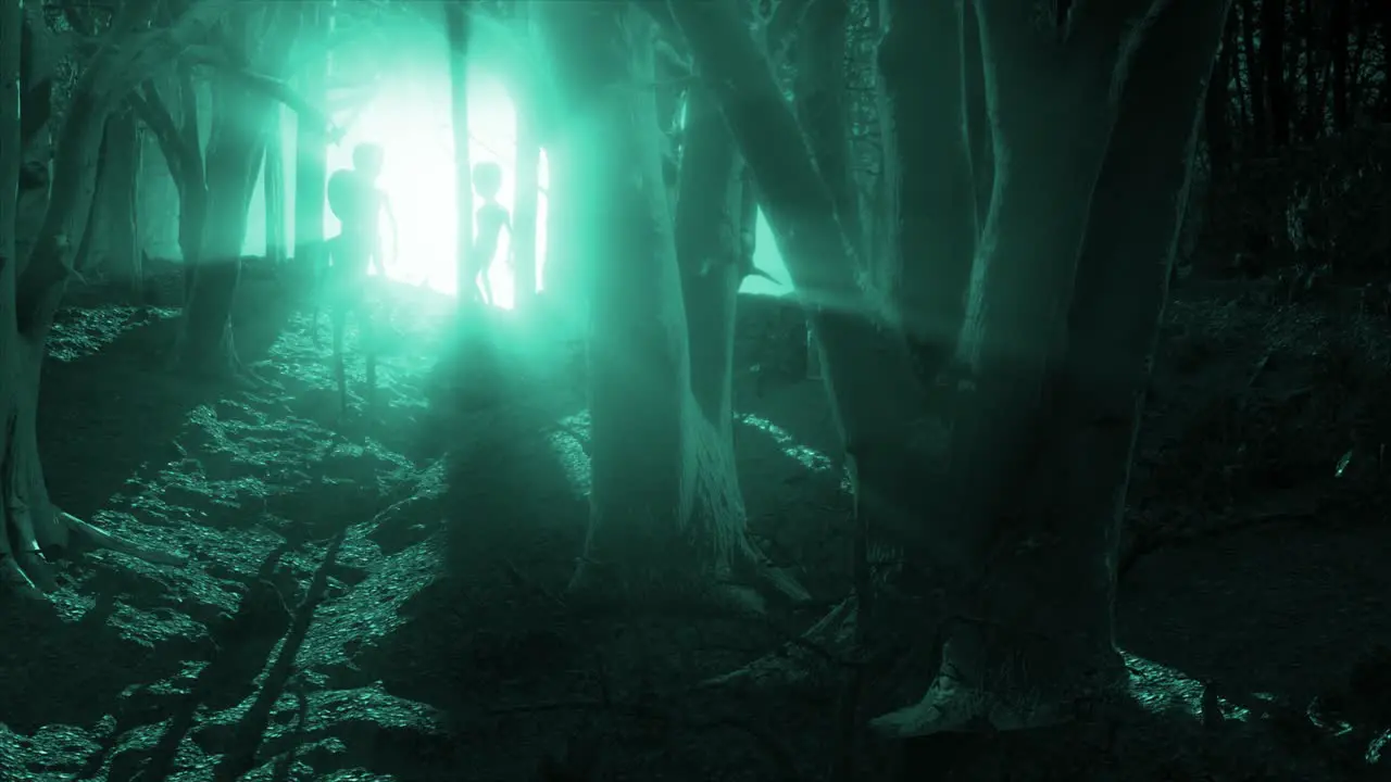 3D CGI long shot reveal of classic Roswell style grey aliens standing ominously silhouetted by a mysterious glaring teal light in the middle of a dark and eerie forest at night