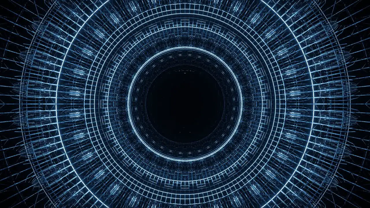 Computerized motion graphics of blue dotted circles popping fading and rotating emerging from the center isolated on black background