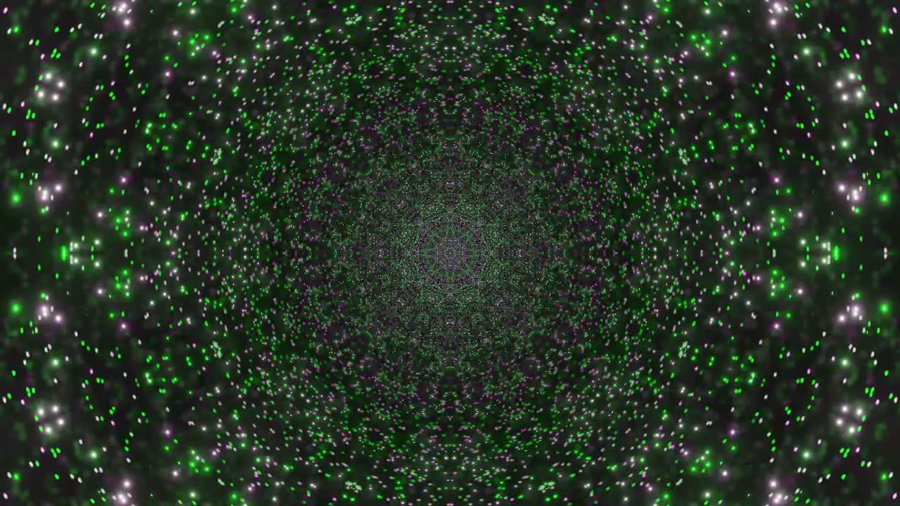 Motion graphics of moving through space with tiny green dots in circular motion emitting from central core