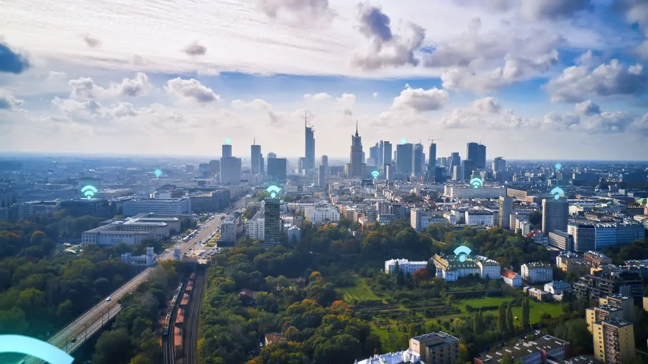 Forwards fly above city Hyper lapse shot on urban borough and downtown skyscrapers in distance Wifi symbols representing communication access points on buildings Warsaw Poland