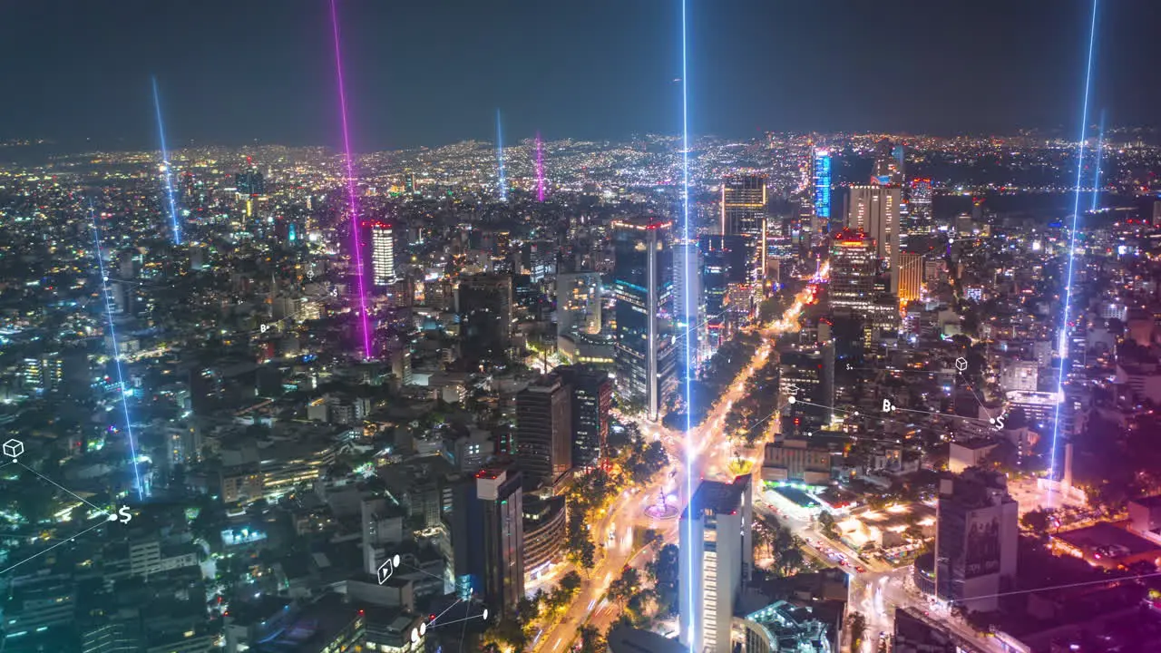 Aerial panoramic night hyper lapse shot of large city Computer added graphic effects highlighting locations by growing lines Mexico City