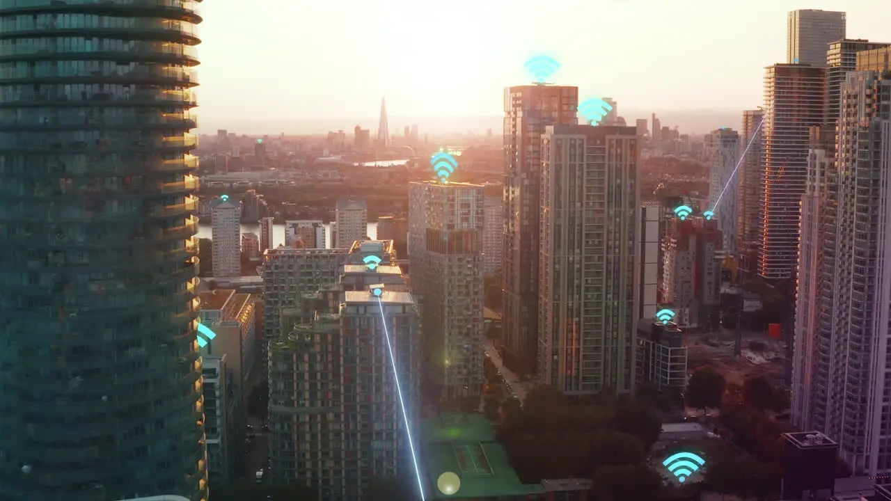 High rise apartment buildings in modern residential borough in large city Tilt up reveal of sunset sky VFX representing communication via wireless technology