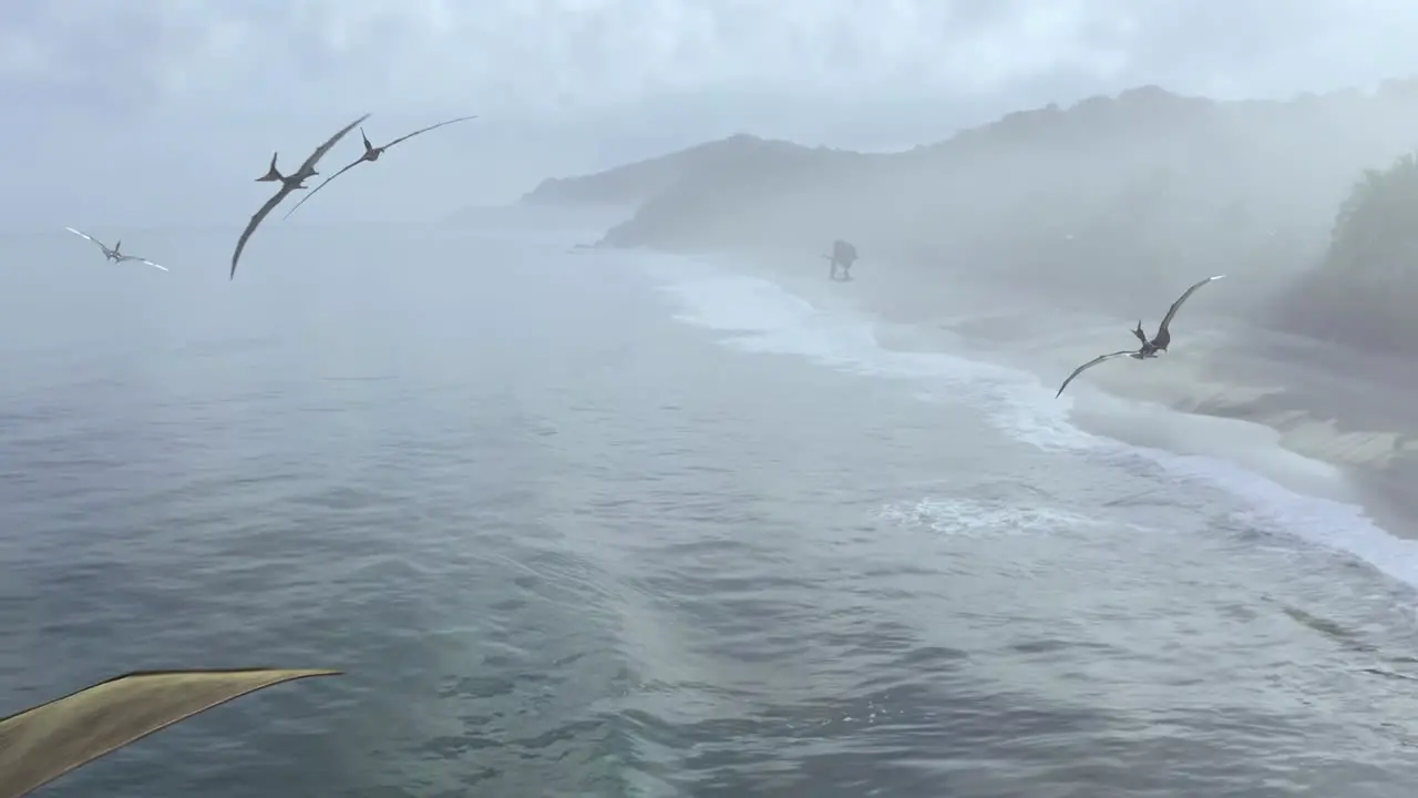 Pterosaurs dinosaurs flying over the beach in a jurassic park 3D render animation of a prehistoric landscape scene