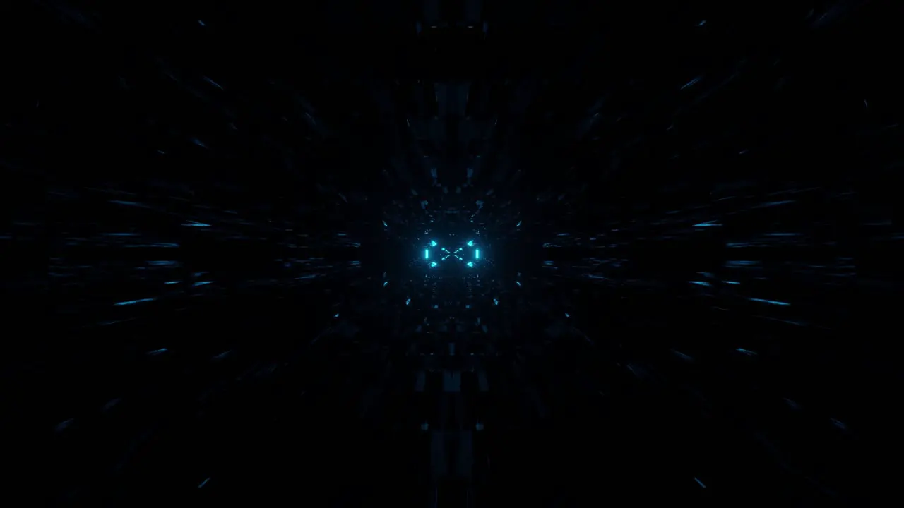 Computerized digital animation of dark reflective space tunnel illuminated with blue lights