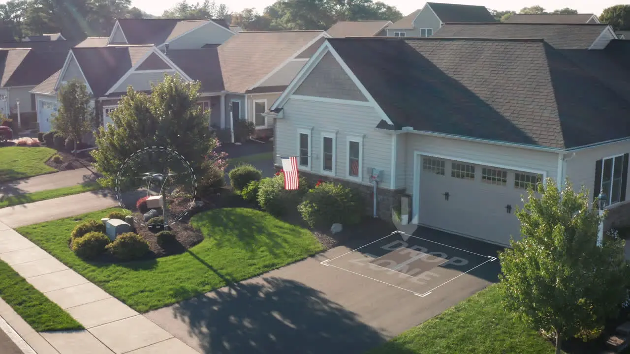 Aerial drone delivers package to Drop Zone at house home in America USA