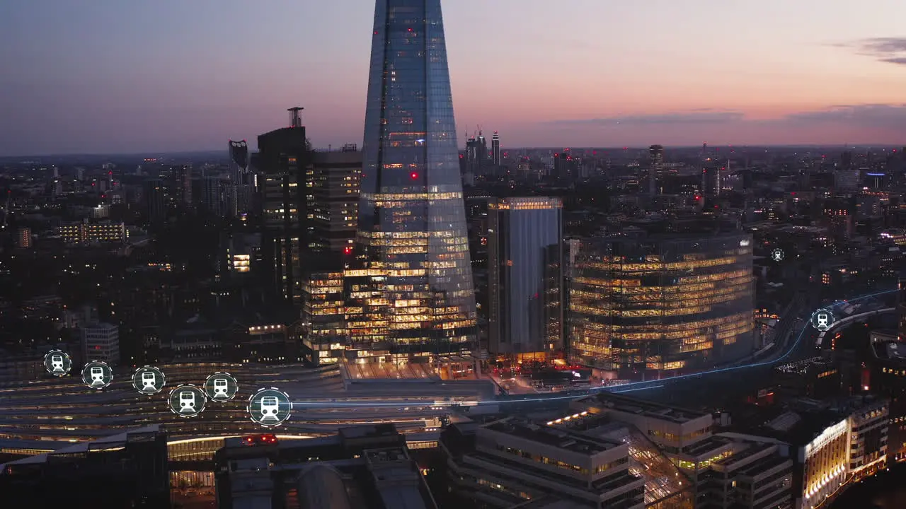 Aerial view of modern buildings in urban borough at twilight