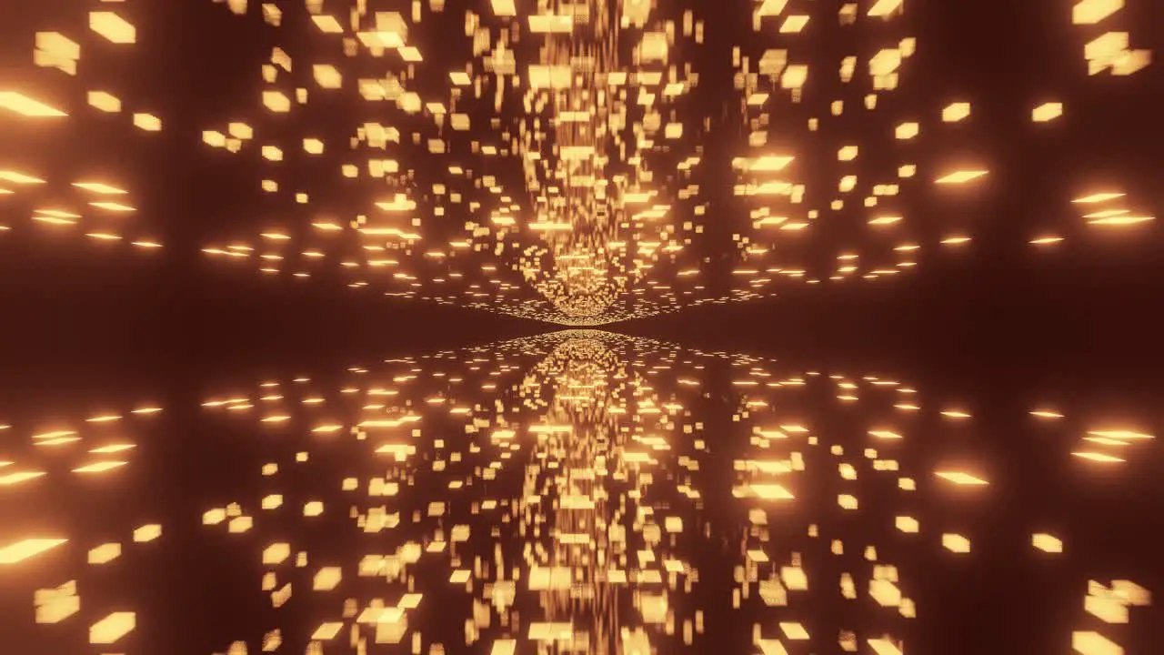 Computerized animation of travelling into space with numerous golden particles moving slowly and illuminating it