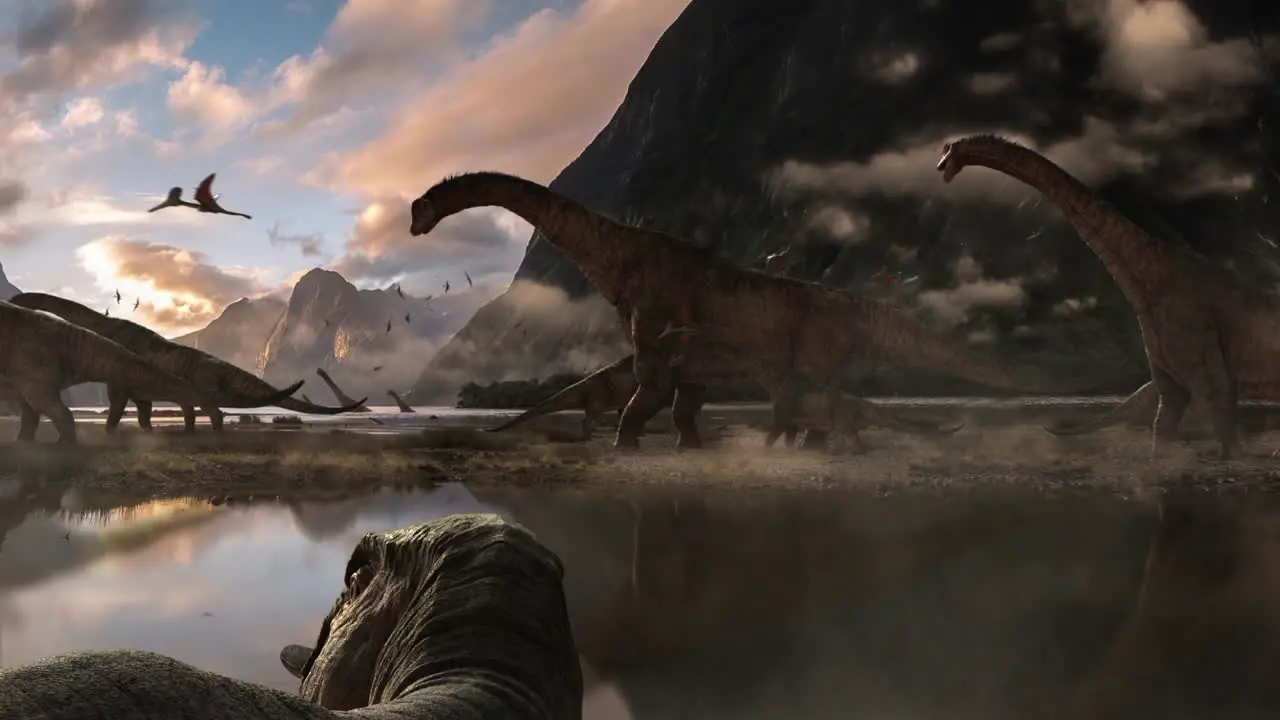 Jurassic park dinosaur background landscape with different species prehistoric ecosystem animation