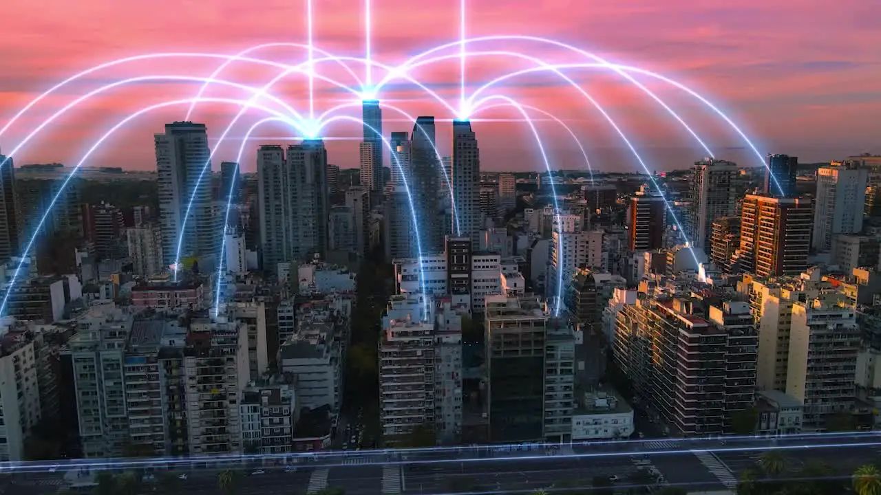 Drone shot showing blue digital arches connecting Metropolis of Buenos Aires during sunset Future concept with skyscraper buildings and towers in city Data Traffic Modern Communication and wifi