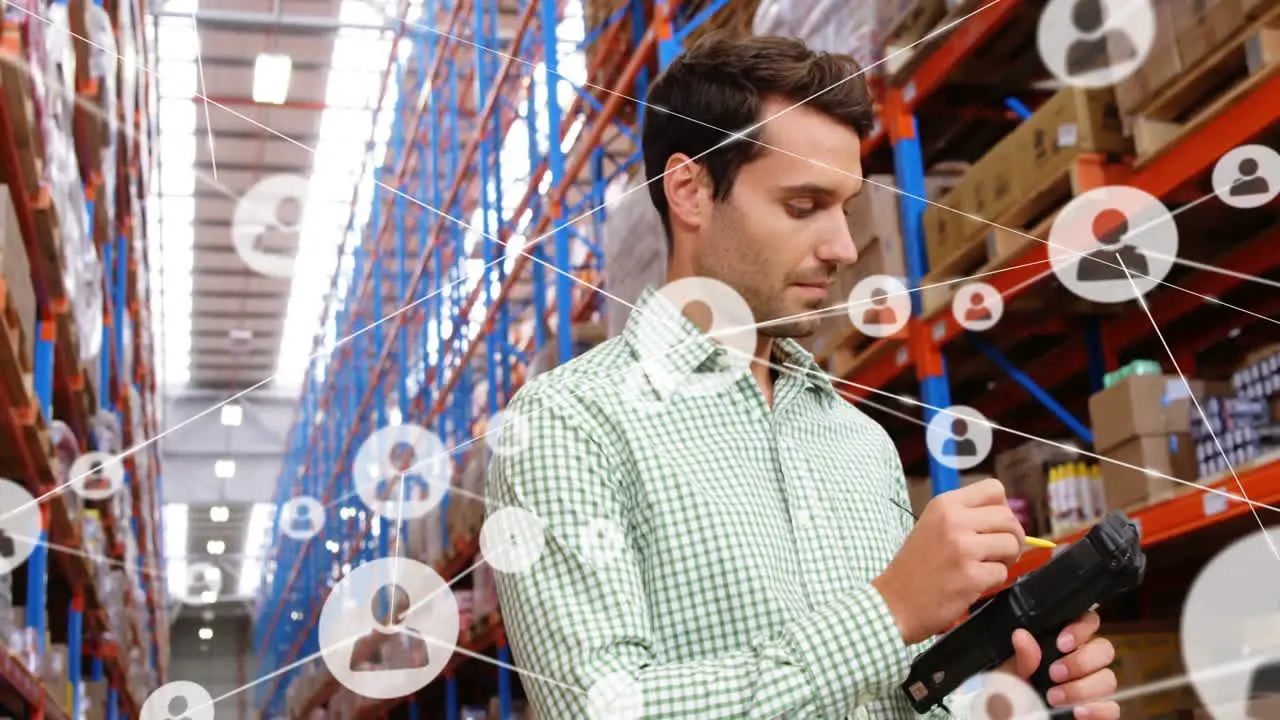 Animation of network of people icons over caucasian male worker using scanner at warehouse