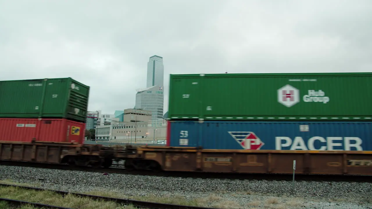 View of downtown Dallas Texas and railroad train