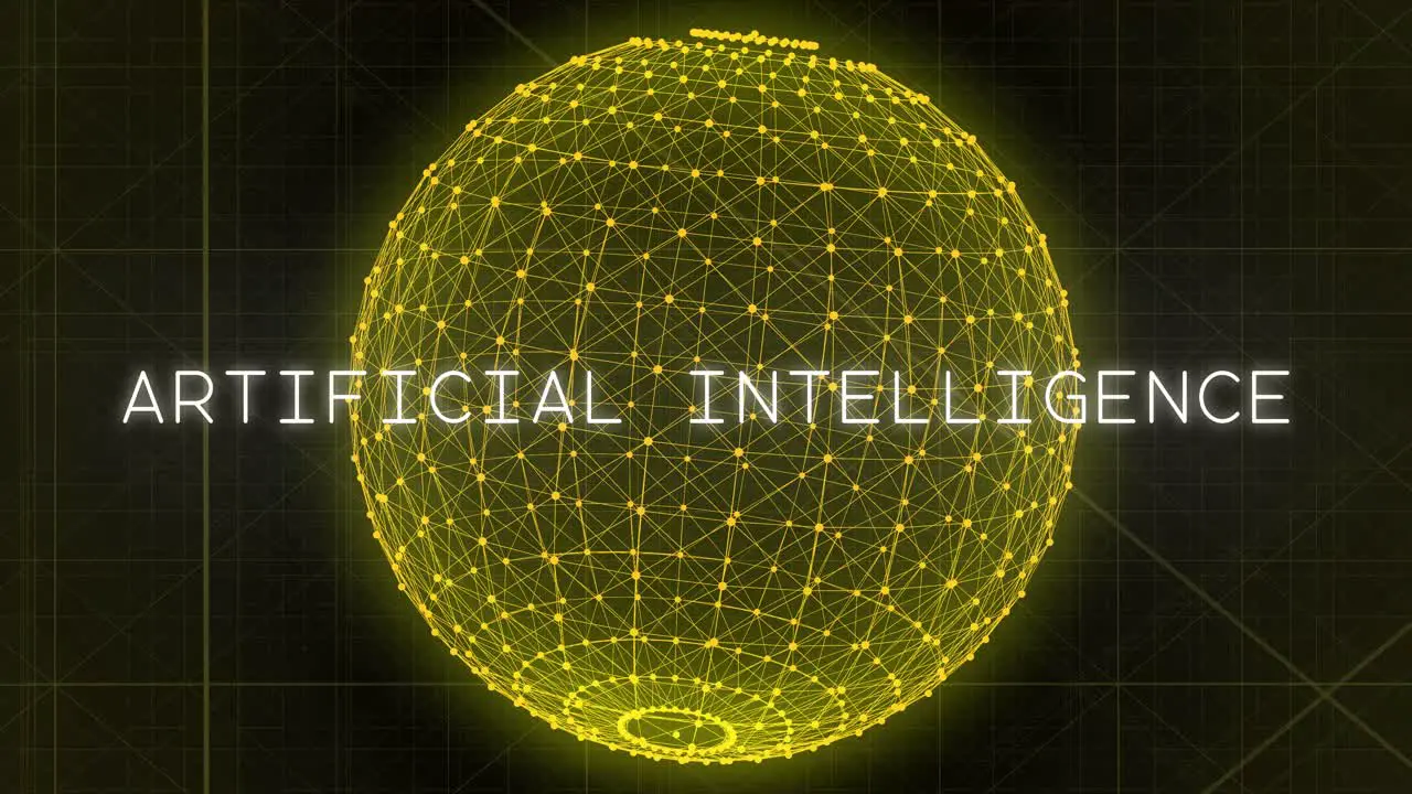 Yellow glowing tech particles connect to form a spherical matrix of AI under the words Artificial Intelligence