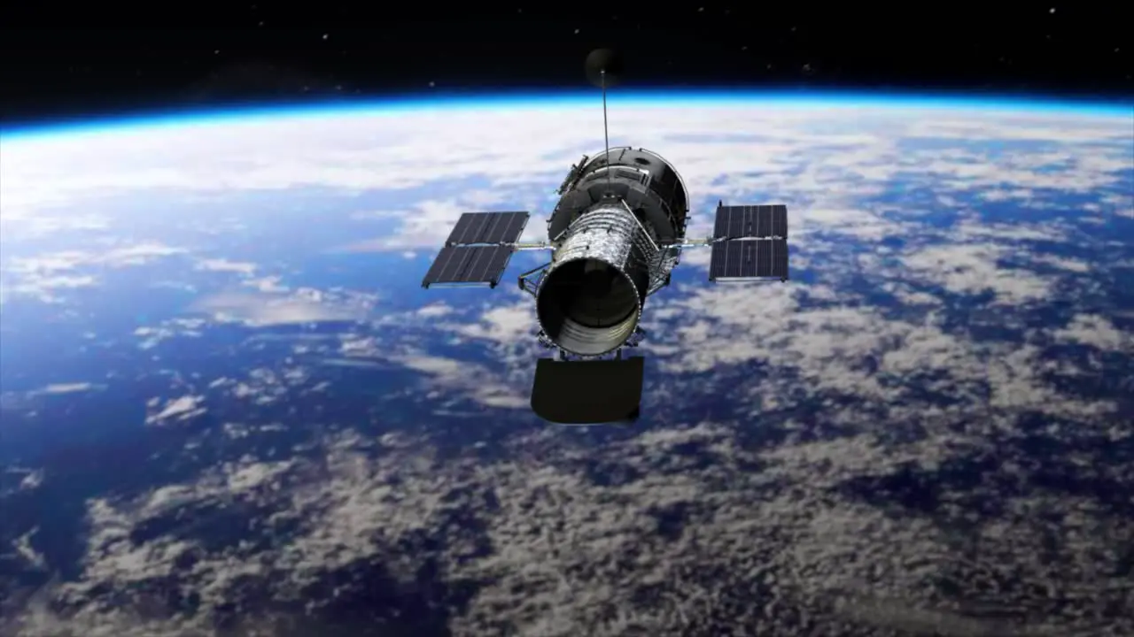 Inspiring and highly realistic 3D CGI animation of the Hubble Space Telescope revolving slowly in space with the majestic and breathtaking planet Earth far below