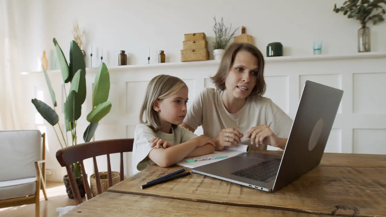 Mother Explains Lesson To Her Pretty Blonde Daughter Through Laptop Screen