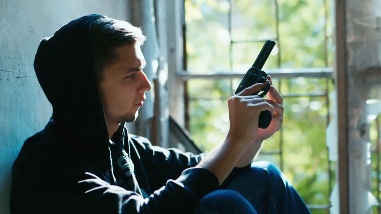 Teenager with a gun sits in an abandoned building 3