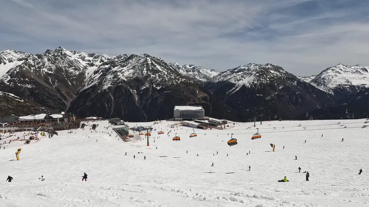 Cafe Restaurant Ski Lift At Base Of Ski Resort Mountain