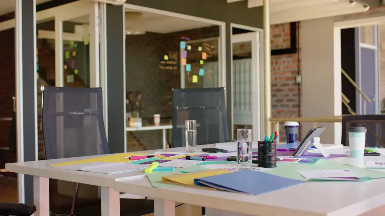 Busy casual meeting table and chairs in creative office slow motion