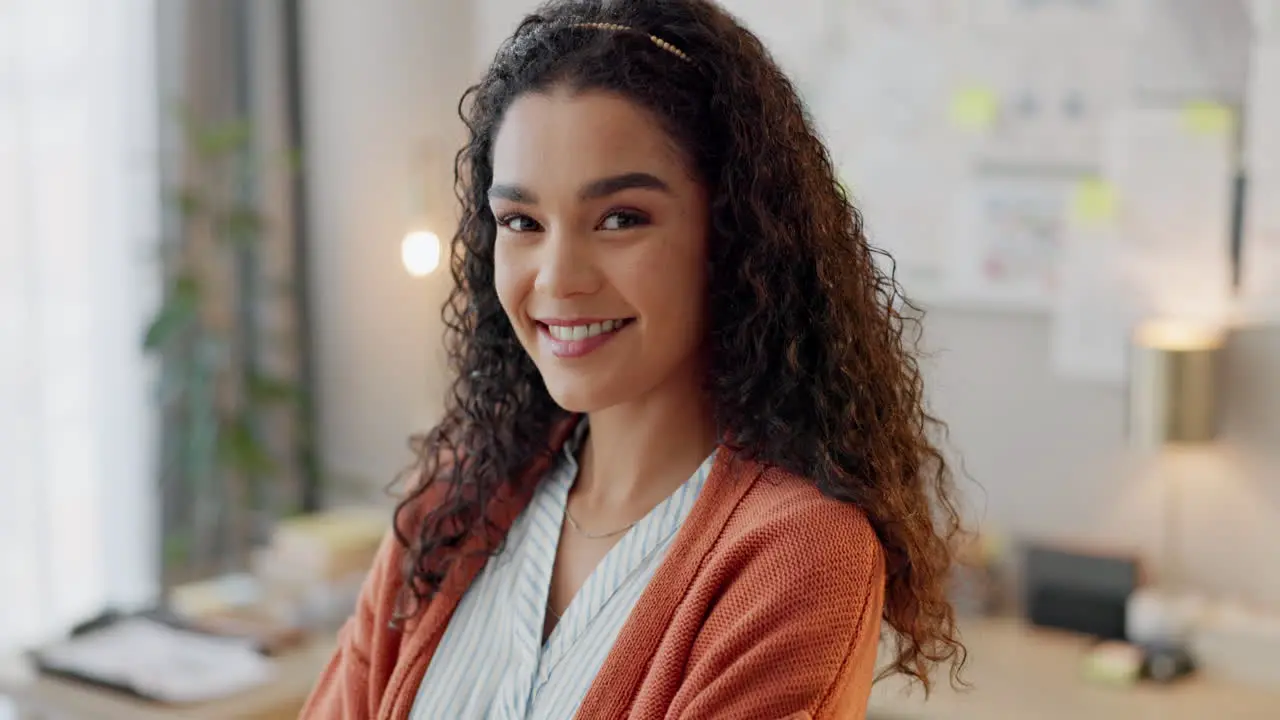 Happy face and business woman with arms crossed