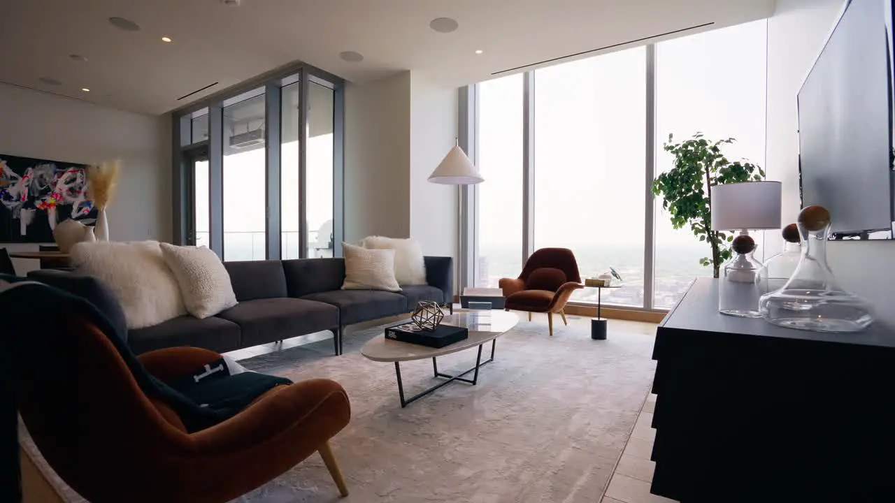 Wide shot of a modern living room with distinctive furniture and unique style