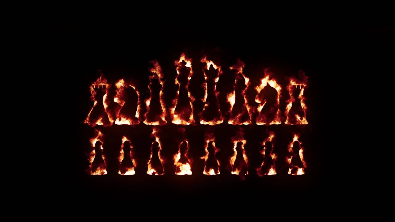 Set of Chess pieces with fire and burning effects on black background