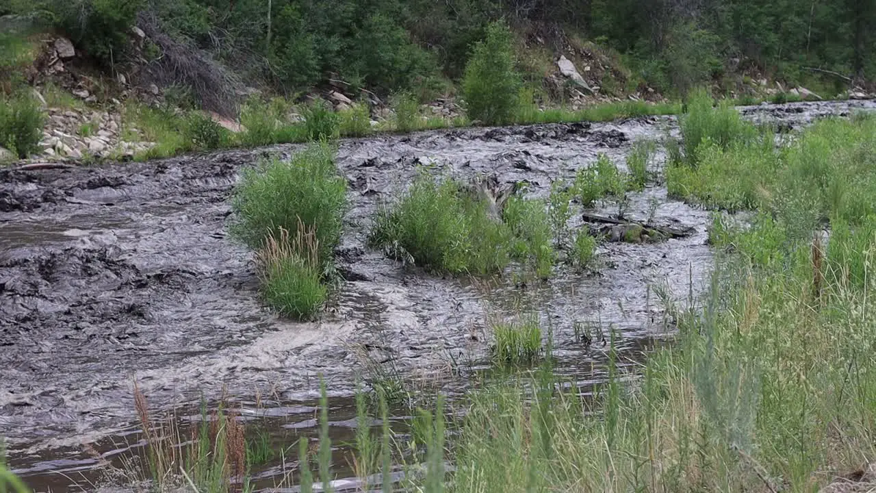 After a mudslide from a burn scar near Glen Haven Colorado the Big Thompson river runs black with mud and ash