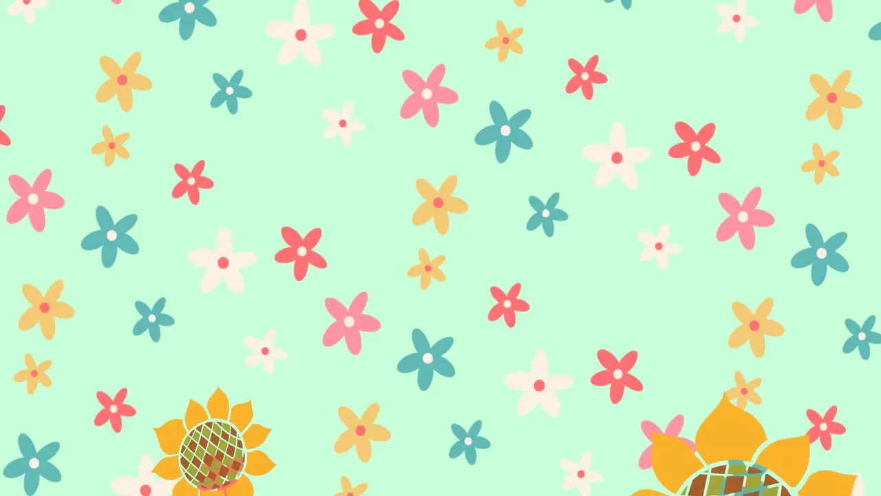 Animation of spinning spring flowers on light blue background