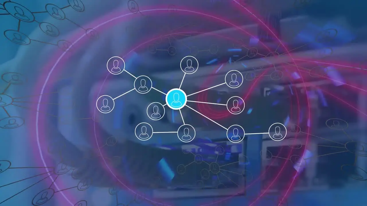 Animation of connected icons over looping tunnel against wires connected to back panel of router