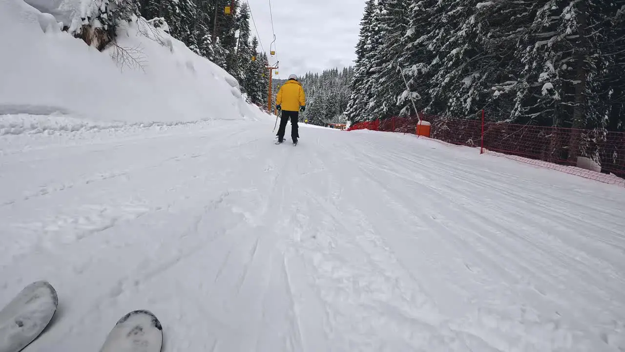 POV Shot Of Skier Skiing Down Snow Covered Slope 2