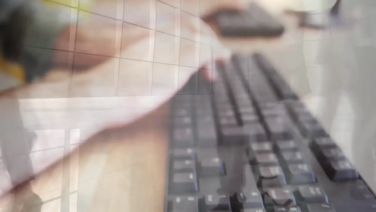 Animation of time-lapse of people walking over cropped hands of caucasian man typing on keyboard