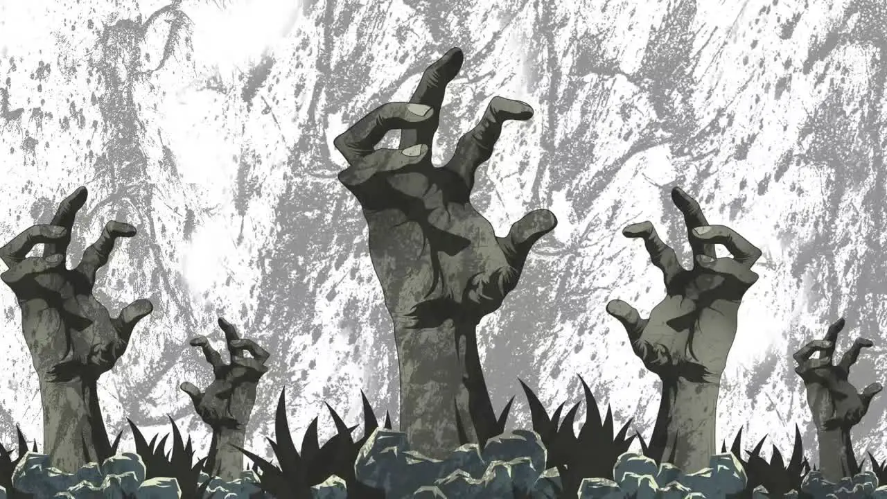 Animation of scary halloween zombie hands over white and grey moving background