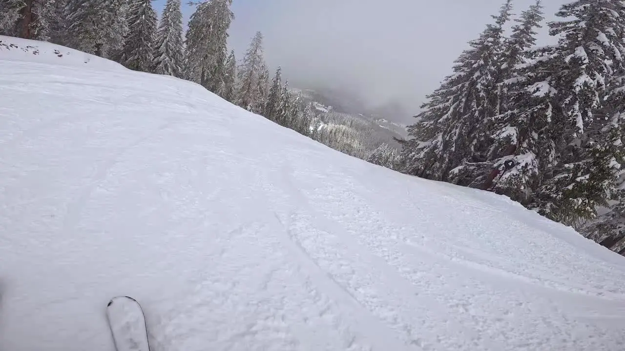 POV Shot Of Skier Skiing Down Snow Covered Slope 4