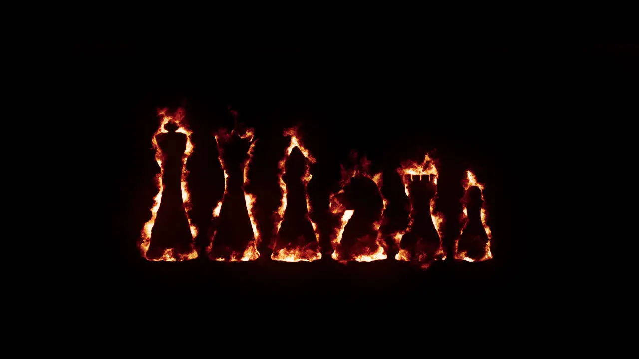 King Queen Rooks Bishops Knights Pawn Chess pieces with fire and burning effects on black background