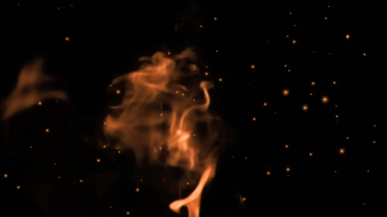 Animation of sparkles over burning flame on black background