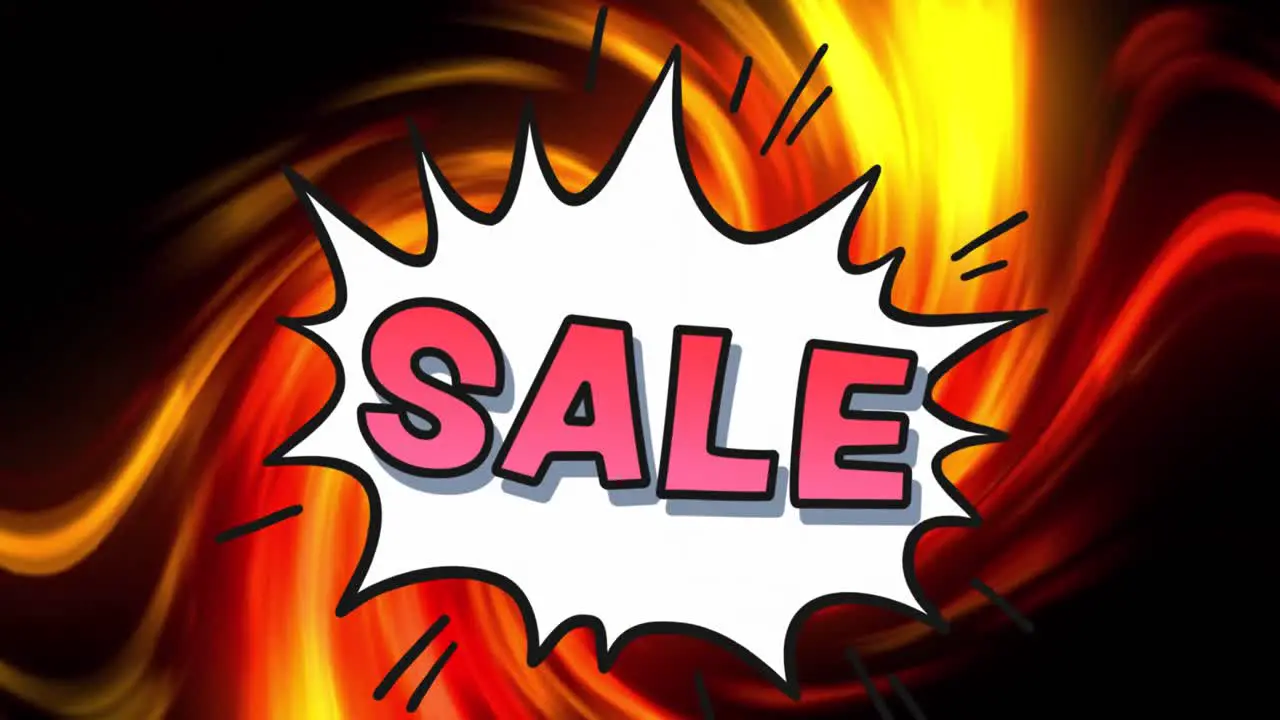 Animation of sale text with flames on white background