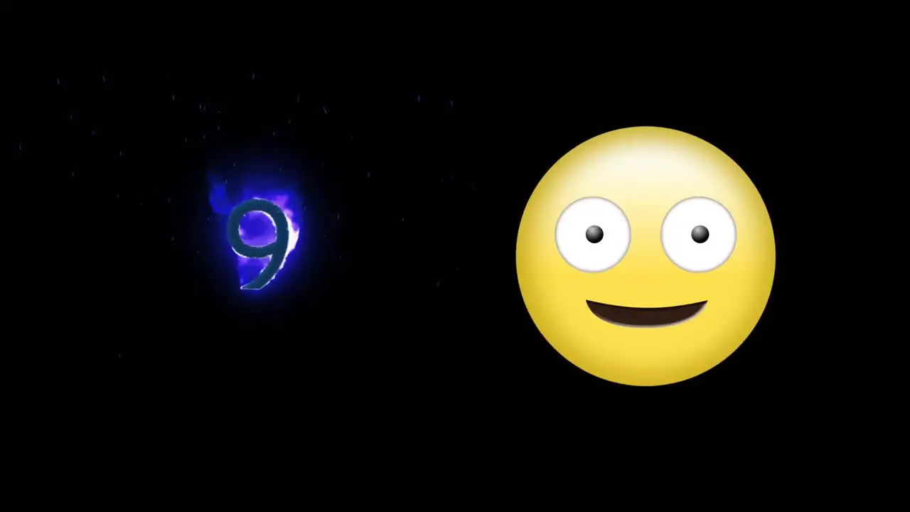 Digital animation of nine number icon on fire and silly face emoji against black background